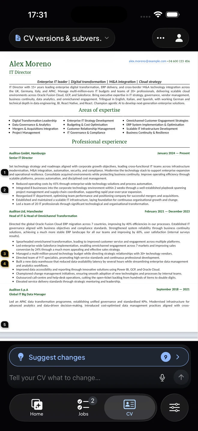 The tweaked CV open in Seevy, with Suggest changes at the bottom