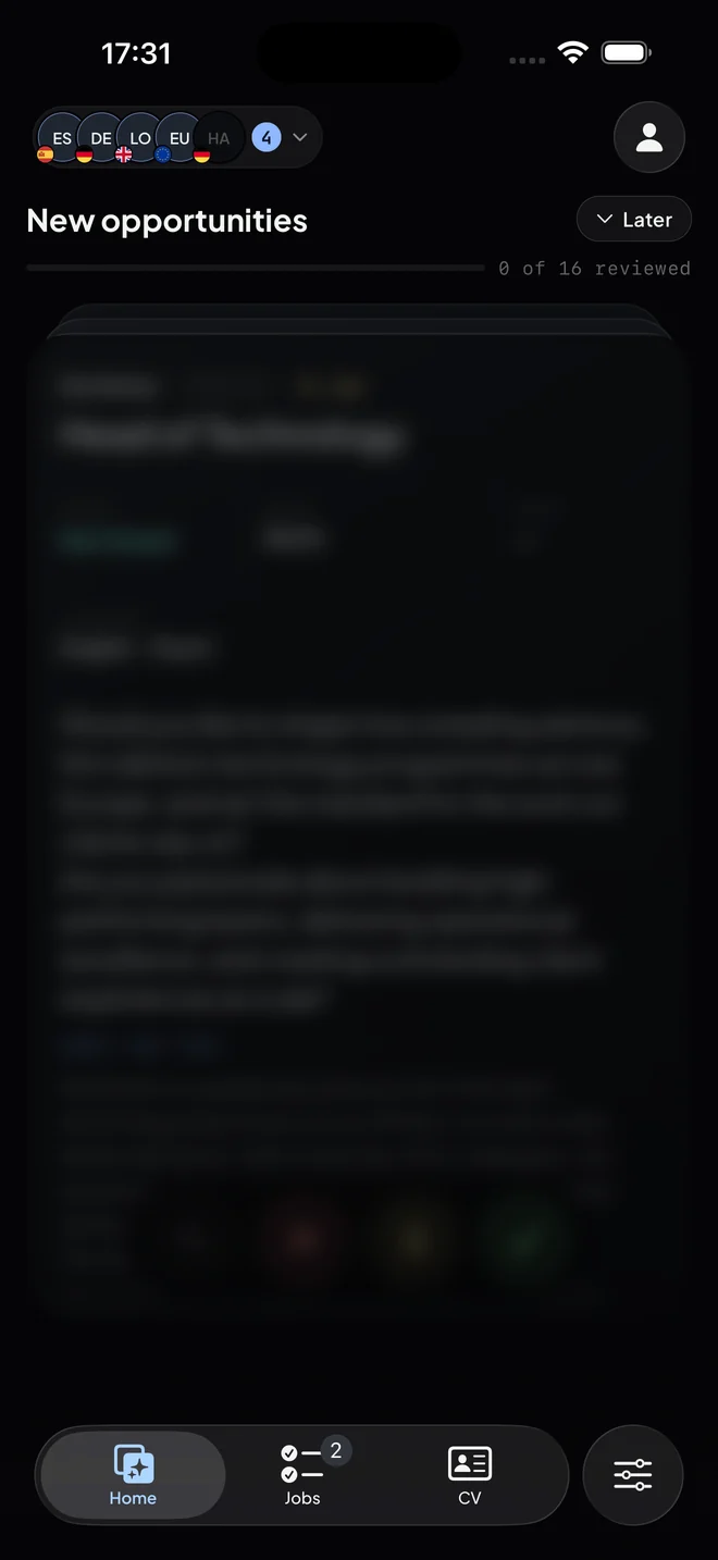 A new opportunity in Seevy, shown as a card to swipe