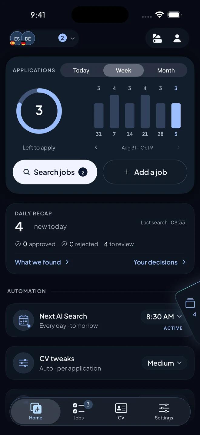 The Seevy dashboard: search profiles, application activity, and the next scheduled search