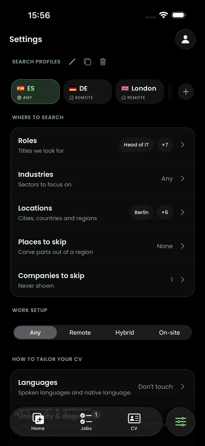 SeeVit search profiles, one per market